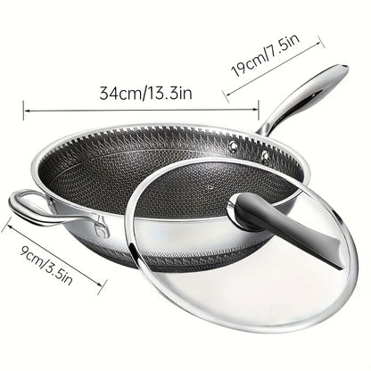 Stainless Steel Wok Set 13.3 Inch Non-stick Honeycomb Design with Lid & 2 Cookware Accessories – Induction Compatible Cooking Pan for Electric Ceramic Gas Stove, Dishwasher Safe