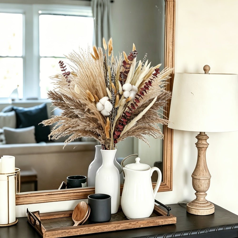 Boho Pampas Grass Dried Flower Arrangement – Lavender Eucalyptus Bouquet with Gemstone Accents for Home Decor, Rustic Wedding Centerpiece & Bohemian Bedroom Vase Filler