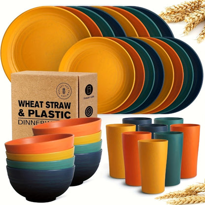 Wheat Straw Dinnerware Set 32/16pcs, Unbreakable Plastic Plates Bowls Cups, Colorful Outdoor Camping Dishes Service for 8