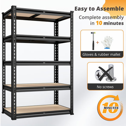 5-Tier Heavy Duty Garage Shelving Unit 2000LBS – Metal & Wood Storage Shelves, Adjustable Utility Rack for Garage, Basement, Pantry, Warehouse, Kitchen & Office, Tool-Free Assembly, Black