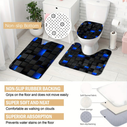 Shower Curtain Set with 12 Hooks & Toilet Seat Cover, 4-Piece Bathroom Set Dark Blue Geometric Abstract Cube Pattern, Modern Waterproof Bath Curtain Set for Bathroom Decor
