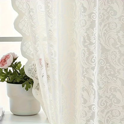 Sheer Curtain Rod Pocket Floral Lace Semi-Sheer Window Panel for Living Room Bedroom Kitchen Bathroom, 100% Polyester, Machine Washable, White Light Green Coffee
