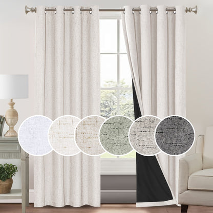 Blackout Curtains 2 Panels 100% Blackout Linen Textured Thermal Insulated Grommet Window Drapes Noise Reducing for Bedroom Living Room Hall - Full Light Blocking Room Darkening Curtains