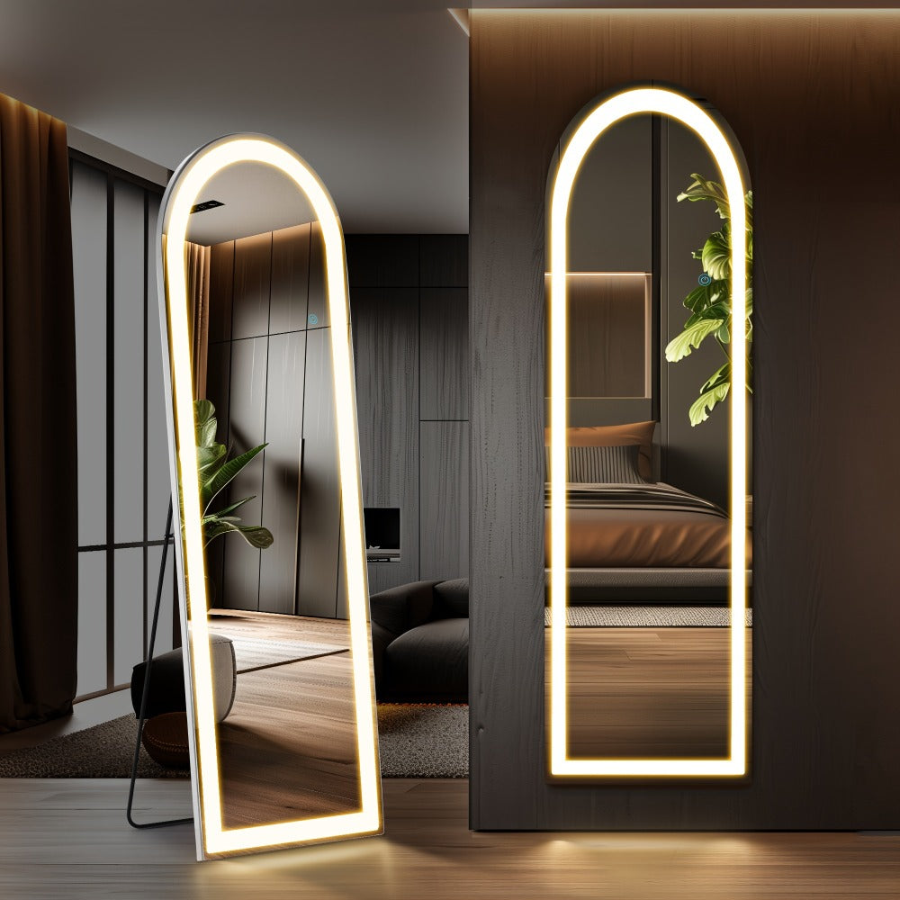Full Length Mirror with LED Lights & Touch Sensor – 64"x21" Dimmable Smart Floor Mirror, Wall Mount or Freestanding, Slim Modern Frame for Bedroom, Vanity & Dressing Room