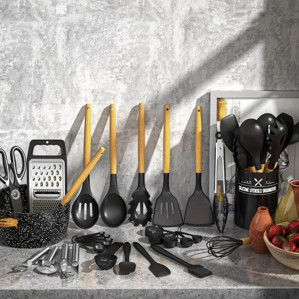 Silicone Kitchen Utensils Set 34-Piece with Holder – Heat Resistant Cooking Spatula Tools for Nonstick Cookware | Wooden Handle Kitchen Gadgets | Father's Day & Housewarming Gift