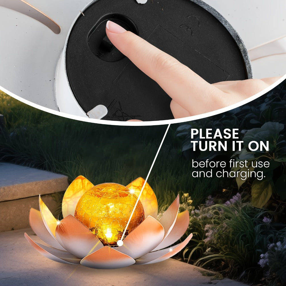 Solar Lotus Garden Lights 2-Pack – Rustic Iron Outdoor Stake Light with Cracked Glass Globe, IPX4 Waterproof Solar Powered Yard Lawn Patio Pool Decor, Warm Glow Landscape Lighting Gift