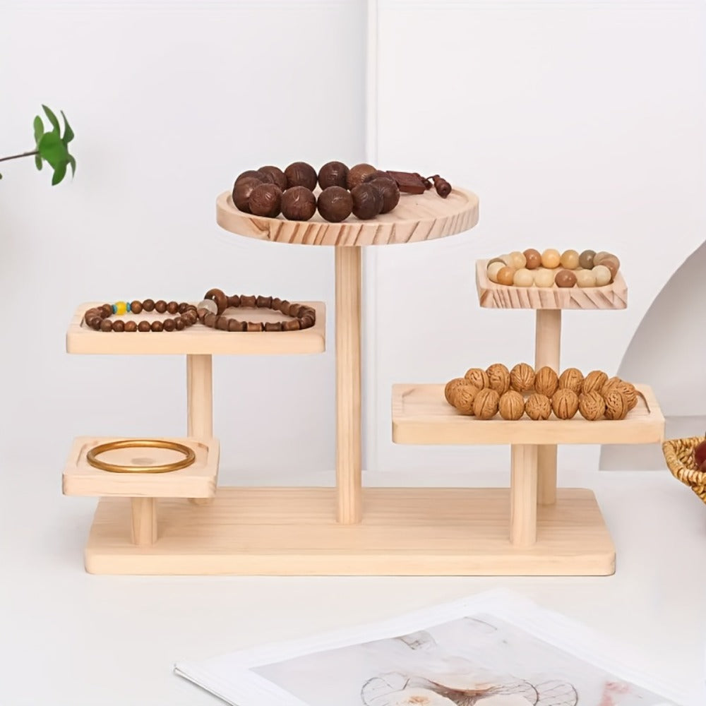 Tiered Wooden Display Stand Libra Balance Scale Style – Multi-Level Storage Organizer Shelf for Jewelry Crystals Snacks Home Decor Countertop