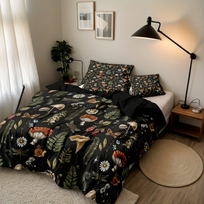 Duvet Cover Set 3-Piece Forest Mushroom Pattern – Soft Polyester Bedding with Zipper Closure, Twin Full Queen King – Bedroom & Guest Room