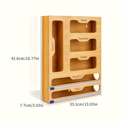Bamboo Ziplock Bag Organizer Box for Kitchen Drawer - Adjustable Dividers, Compatible with Gallon Quart Sandwich Snack Bags, Space-Saving Fresh-Keeping Storage, Easy to Clean, Durable