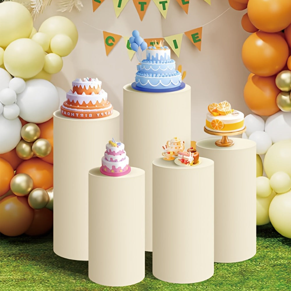 Cylinder Pedestal Stand Covers 5pcs – Stretch Fabric Pillar Covers for Wedding Party Birthday Baby Shower Dessert Table Backdrop Decor White Pink
