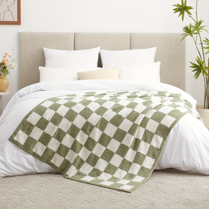 Jacquard Knit Checkered Blanket – Soft Cozy Fluffy Plaid Throw for Couch, Bed & Sofa, All Seasons, 4 Colors, Throw to King Size