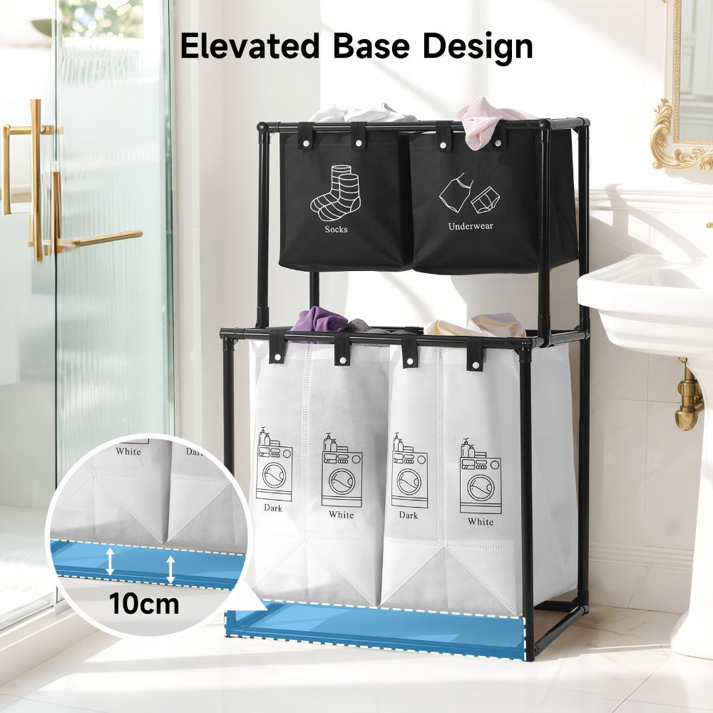 Laundry Sorter 2 Compartment Hamper – 2-Tier Metal Frame Laundry Hamper with Handles, Breathable Mesh Bags & Cable Ties – Space-Saving Clothes Organizer for Home, Bedroom & Apartment