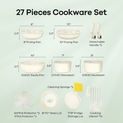 Nonstick Cookware Set 23 & 27 Piece with Removable Handles – Induction Oven Dishwasher Safe Pots and Pans | Non-Toxic Frying Pans Saucepans Space-Saving Kitchen Cooking Set in Beige & Pink