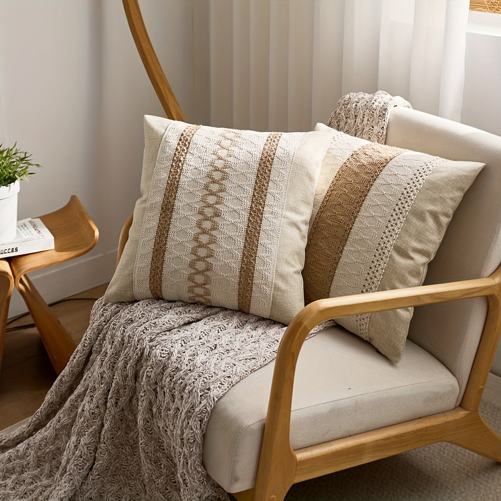 Throw Pillow Covers 2 Pack Boho Geometric Brown Beige 18x18 – Bohemian Decorative Pillow Cases with Zipper Closure – Soft Polyester Cushion Covers for Sofa Couch Bedroom Living Room Boho Home Decor