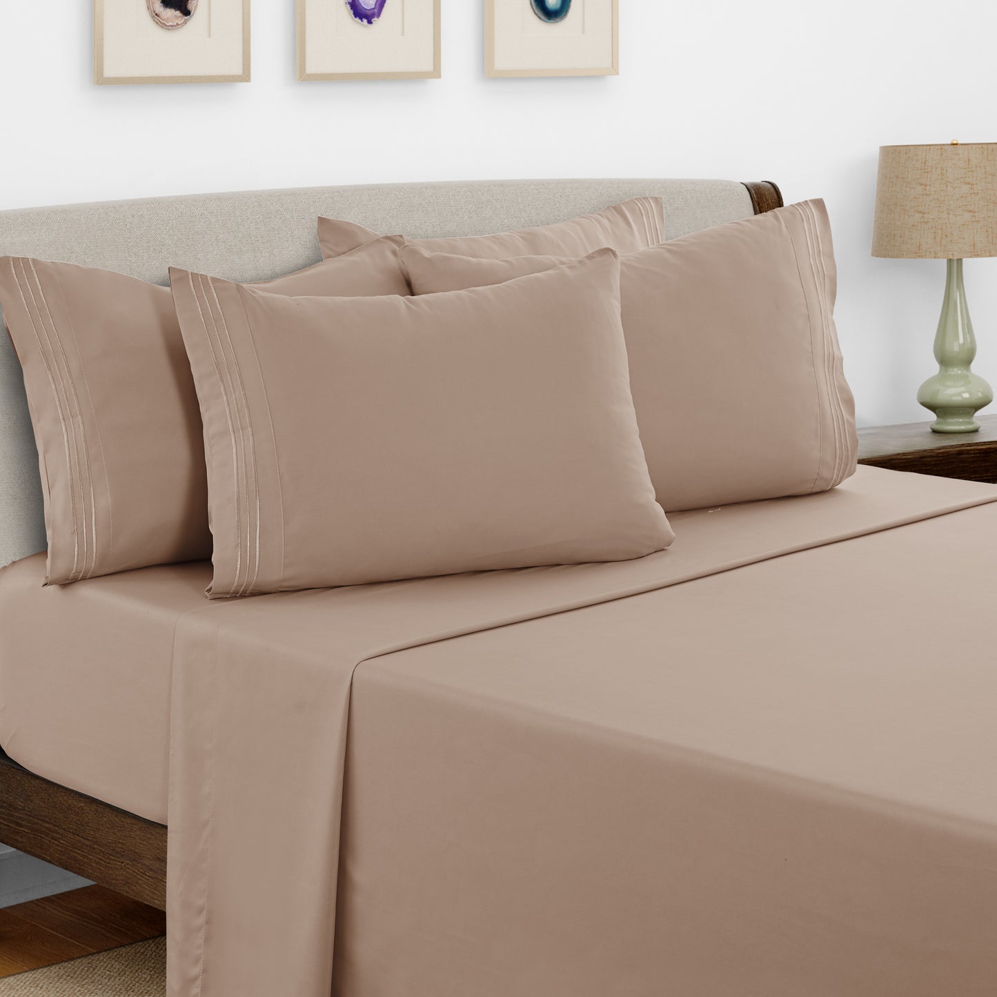 Bed Sheets Set 6 Piece - Soft Brushed Microfiber Fitted Sheet with 16" Deep Pocket, Flat Sheet & Embroidered Pillowcases, Hotel Luxury Cooling Bedding, All Seasons, 20 Colors