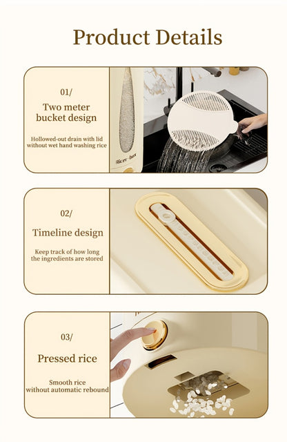 Rice Dispenser Storage Container Press Type Measuring Cup Moisture-Proof Sealed Grain Bin - Large Capacity Airtight Rice Storage Box for Rice Coffee Beans Flour Legumes Pet Food Kitchen Pantry Organizer