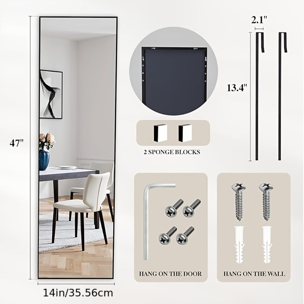 Full Length Mirror 47x14 – Over the Door or Wall Mounted Hanging Mirror, Aluminum Alloy Frame, Full Body Dressing Mirror for Bedroom, Living Room & Entryway, Arched & Rectangular, Black & Gold