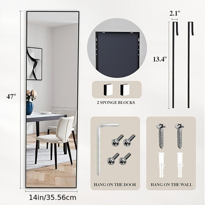 Full Length Mirror 47x14 – Over the Door or Wall Mounted Hanging Mirror, Aluminum Alloy Frame, Full Body Dressing Mirror for Bedroom, Living Room & Entryway, Arched & Rectangular, Black & Gold