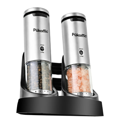 Electric Pepper Grinder Set of 2, Rechargeable with Charging Base, 6 Adjustable Coarseness Settings, Built-in LED Light & ABS Motor — Salt & Pepper Mill for Peppercorns & Spices, Brush Included