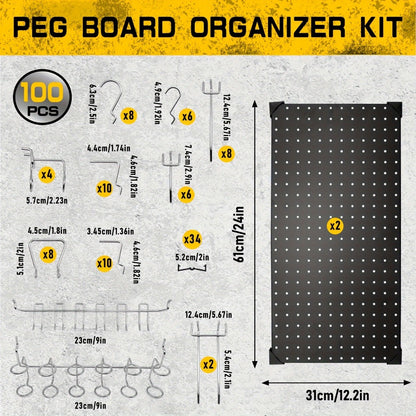 Black Metal Pegboard Wall Organizer Set with Hooks 66/100pcs, 12x24 Inch Heavy Duty Wall Mounted Pegboard Kit for Garage Workshop Tool Storage, Includes Paper Towel Holder & Workbench Accessories