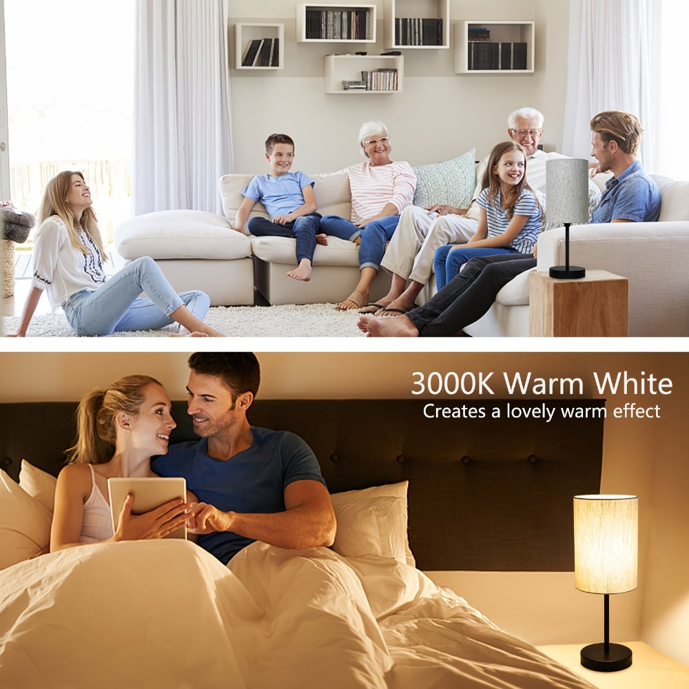 Small Bedside Table Lamp Set of 2 – Linen Shade Nightstand Lamp with Cord Switch, 5W LED Bulb Included, Compact Desk Light for Bedroom Living Room Children's Room Office Dorm (Black / Beige Black)