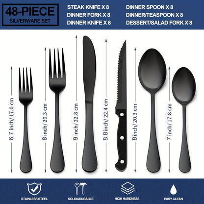 Stainless Steel Flatware Set with Steak Knives – 24/48 Piece Silverware Set Service for 4 or 8, Mirror Polished Cutlery, Dishwasher Safe, Silver & Black