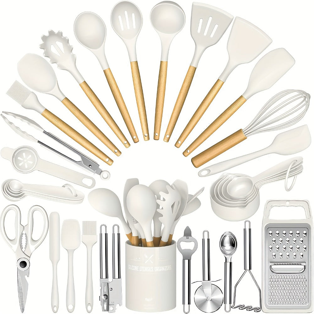 Silicone Kitchen Utensils Set 34-Piece with Holder – Heat Resistant Cooking Spatula Tools for Nonstick Cookware | Wooden Handle Kitchen Gadgets | Father's Day & Housewarming Gift