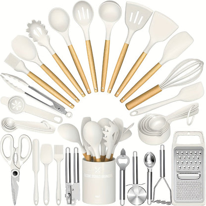 Silicone Kitchen Utensils Set 34-Piece with Holder – Heat Resistant Cooking Spatula Tools for Nonstick Cookware | Wooden Handle Kitchen Gadgets | Father's Day & Housewarming Gift