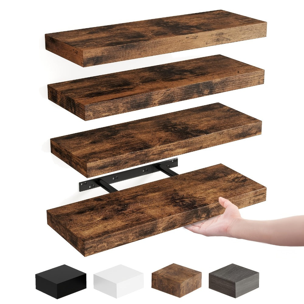 Floating Shelves for Wall 4/8pcs 15.8 Inch, Rustic Wood Wall Shelves with Invisible Brackets, Wall Mounted Display Shelf for Home Decor, Living Room, Bedroom, Bathroom – Walnut, Brown, Black, White, Gray