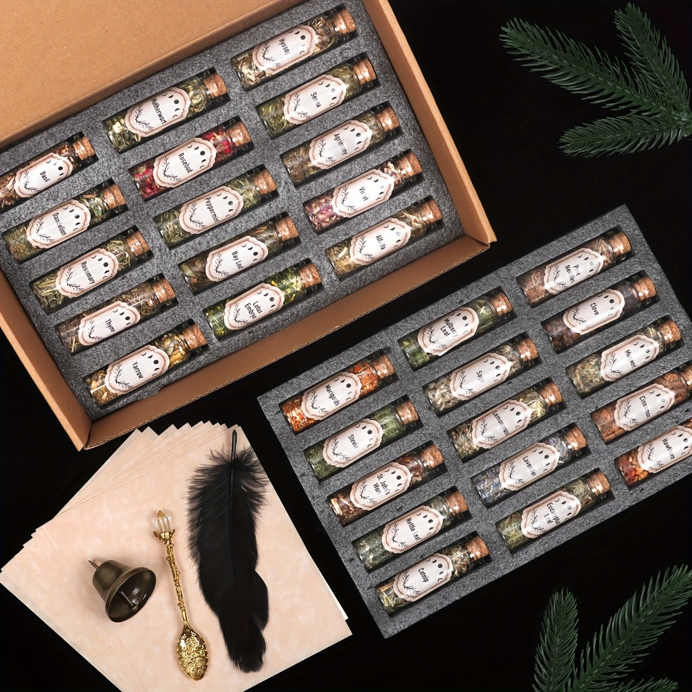 43-Piece Dried Herbs & Flowers Witch Ritual Kit – Sachet Supplies Set with Crystal Spoon, Black Feather & Bell for Pagan Spells, Candle Making, Soap, Wedding Decor