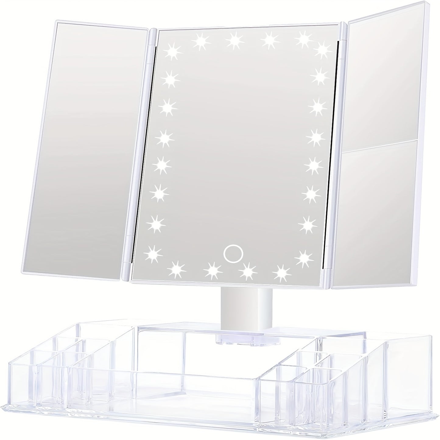 Lighted Makeup Mirror with Storage – Tri-Fold Vanity Mirror 24 LED Lights, Touch Screen, 3X/2X/1X Magnification, 180° Rotation, Dual Power Supply, White & Rose Gold