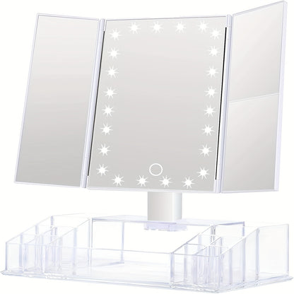 Lighted Makeup Mirror with Storage – Tri-Fold Vanity Mirror 24 LED Lights, Touch Screen, 3X/2X/1X Magnification, 180° Rotation, Dual Power Supply, White & Rose Gold