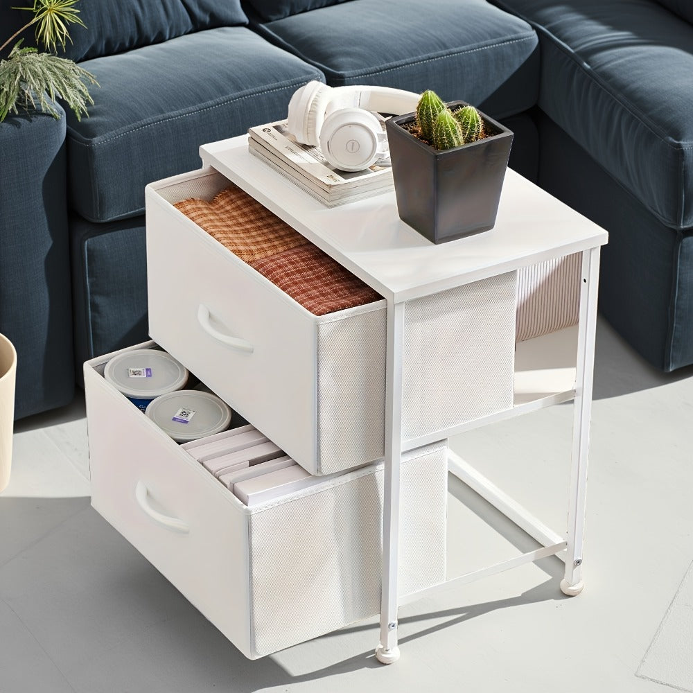 Nightstand with 2 Storage Drawers, 20" Bedside Table with Wooden Top & Fabric Cabinet, Steel Frame Mini Dresser for Bedroom, Dorm, Living Room – 1pc or Set of 2pcs, Black White Grey Rustic Brown