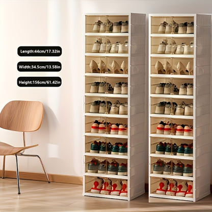 Shoe Rack Organizer 9-Tier, Collapsible Clear Plastic Foldable Stackable Shoe Cabinet with Shelves & Doors — No Assembly, Space-Saving Narrow Storage for Hallway, Apartment & Small Spaces