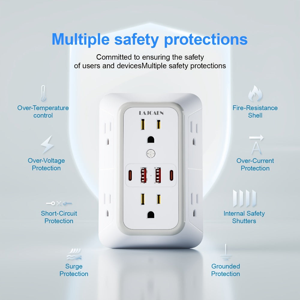 Outlet Splitter Wall Expander 10-in-1 with 6 AC Outlets 2 USB-A 2 USB-C Ports 3-Sided Plug Extender Surge Protector Night Light Compact Space-Saving Design for Home Dorm Apartment Office
