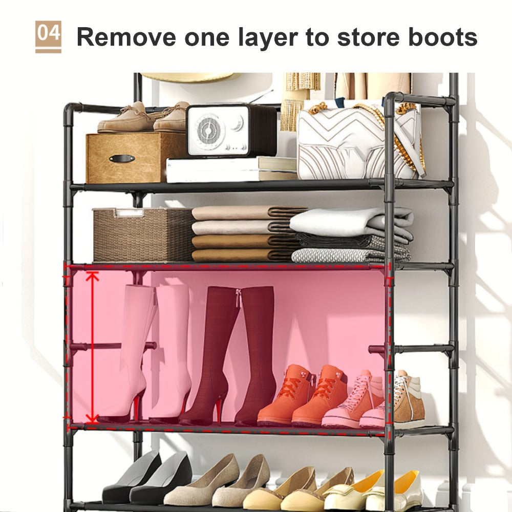 Shoe Rack Organizer with 8 Double Hooks & Multi-Layer Storage Shelves – Floor Standing Coat Hat Holder for Entryway Bedroom Living Room
