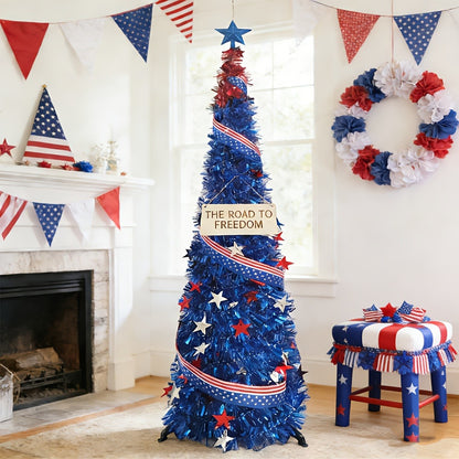 4th of July Decorative Tree 5ft LED Light, Foldable Patriotic Stars & Stripes Blue Christmas Tree with Red White Blue LED String Lights, Independence Day Party Decoration & Summer Gift
