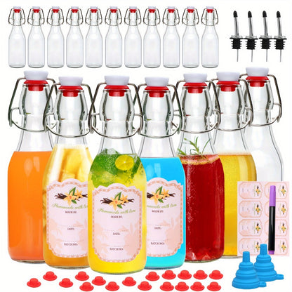 Glass Swing Top Bottles 8.45oz – Round Iron Clasp Airtight Bottle Set with Funnel for Juice, Kombucha, Syrup & Oil Storage, Reusable Flip Cap Glass Bottles (6, 9, 12 or 18 Pack)