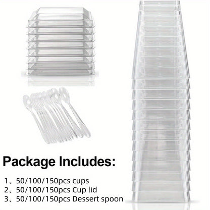 Disposable Dessert Cups with Lids & Spoons, 5oz Plastic Pudding Cups Set — 50/100/150/200 Pack Mini Clear Cups for Parties, Weddings, Picnics, Camping & Family Gatherings