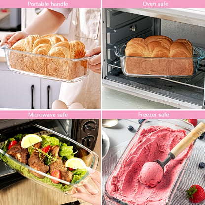 Glass Baking Dish with Lid, 1.9 Qt Rectangular Glass Loaf Pan with Handles, Oven & Microwave Safe Airtight Food Storage Container, Stackable Glass Bread Pan for Baking Bread Cakes, with Silicone Brush