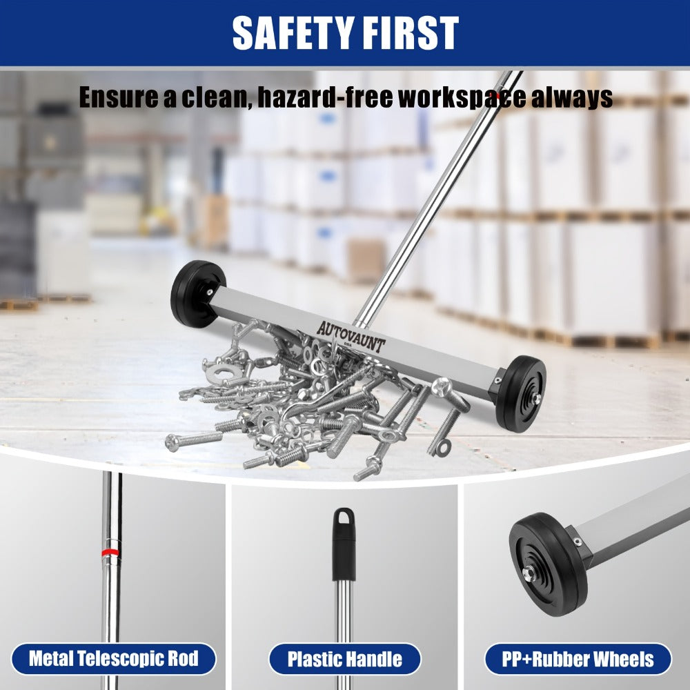 Rolling Magnetic Sweeper 17-Inch with Wheels – Heavy Duty 8.8lb Capacity Telescoping Adjustable Handle 15–38 Inch Picks Up Screws Nails Nuts for Garage Workshop Construction