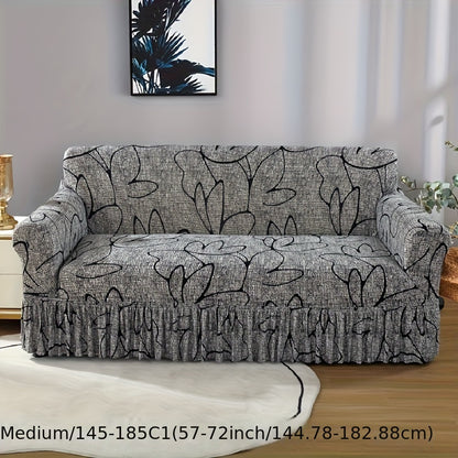 Printed Sofa Cover with Skirt Elastic Four Seasons Universal Furniture Protective Slipcover for Bedroom Office Living Room - 1 2 3 4 Seater Gray