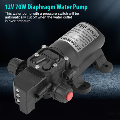 12V DC High Pressure Diaphragm Water Pump 70W Self Priming Pump 6L/Min 0.9MPA Portable Booster Pump for RV Caravan Boat Sprayer Cooling Welding Drill Cleaning Water Transfer