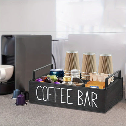 Coffee Bar Organizer Wooden Farmhouse Style - Rustic COFFEE BAR Sign Storage Tray for Pods Sugar Creamer Accessories, Waterproof Rectangular Countertop Organizer for Kitchen Coffee Station Decor