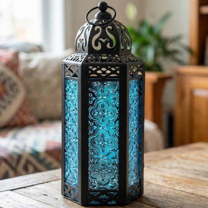 Moroccan Candle Lantern Holder - Decorative Metal & Glass Lantern with Embossed Floral Design for Indoor Home Decor, Garden, Patio, Weddings, Ramadan, Halloween & Holiday Celebrations - 10.5" Tall Medium Size