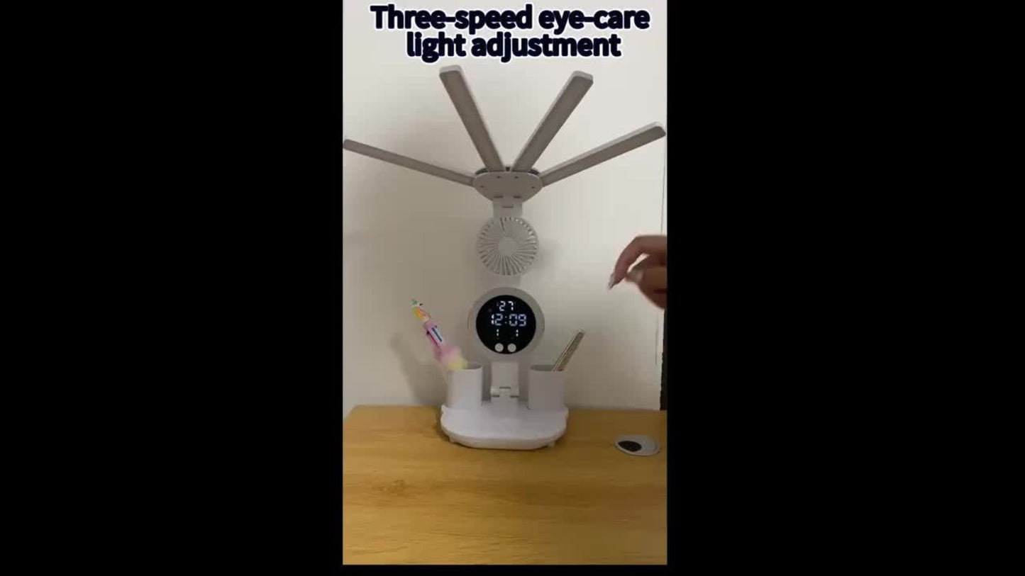 LED Desk Lamp with Built-in Fan & Touch Control | Dual Head Adjustable | USB Charging | 3 Color Modes Dimmable | Smart Display Clock | Eye-Caring Reading Lamp for Home Office Dorm Study