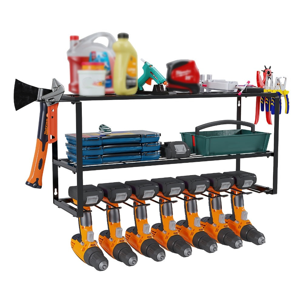 Wall Mount Power Tool Storage Rack, Heavy-Duty 150 Lb Steel 3-Tier & 4-Tier Garage Tool Organizer with 7 Bit Holders – Workshop Shed Basement Wall Storage