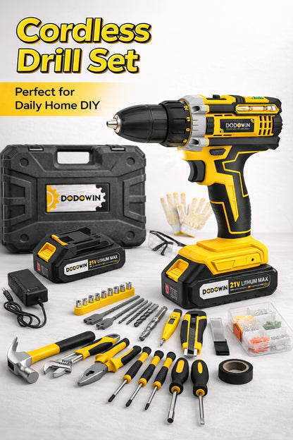 Cordless Impact Drill Set 12V / 21V Electric Drill Kit – 45Nm Torque, 2-Speed, Keyless Chuck, LED Light, Battery & Charger Included, Up to 115pcs Accessories for Home Repair, DIY & Construction