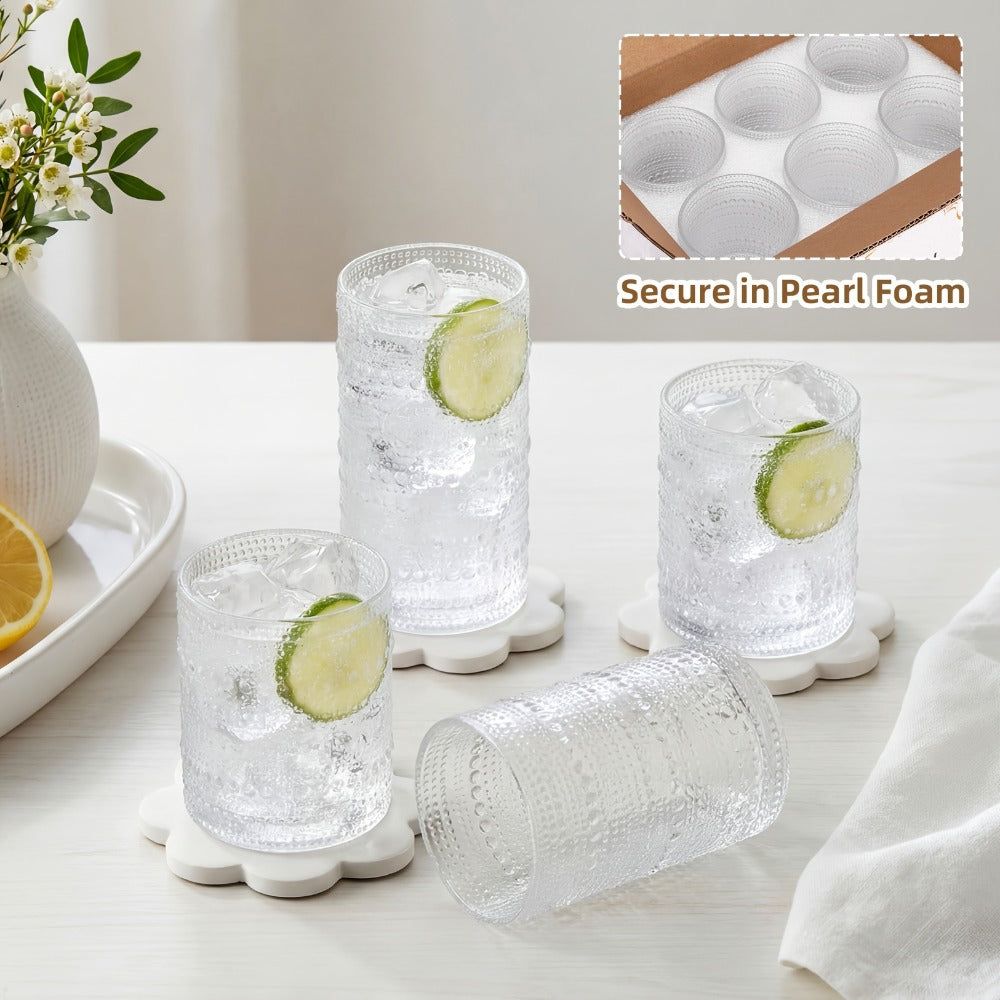 Drinking Glasses Set 12pcs – 12 Oz & 10 Oz Highball Glasses, Clear Embossed Boho Glass Cups for Juice, Coffee & Milk, Kitchen Glassware Gift Set for Christmas