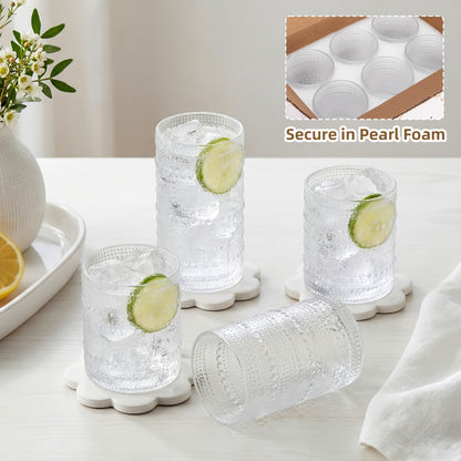 Drinking Glasses Set 12pcs – 12 Oz & 10 Oz Highball Glasses, Clear Embossed Boho Glass Cups for Juice, Coffee & Milk, Kitchen Glassware Gift Set for Christmas